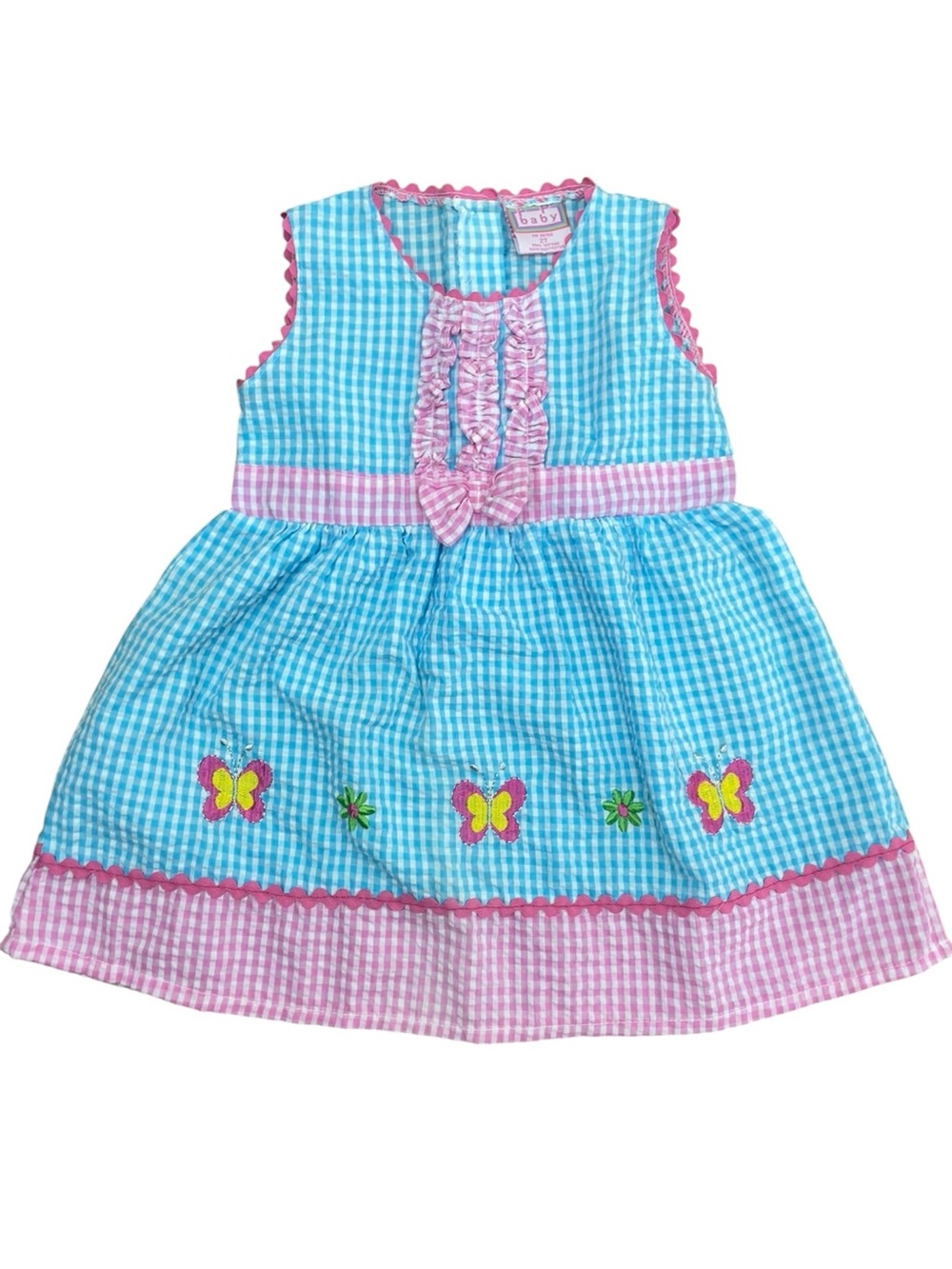 Vintage rare Blue Gingham Butterfly Dress size: 2T Pink Trim